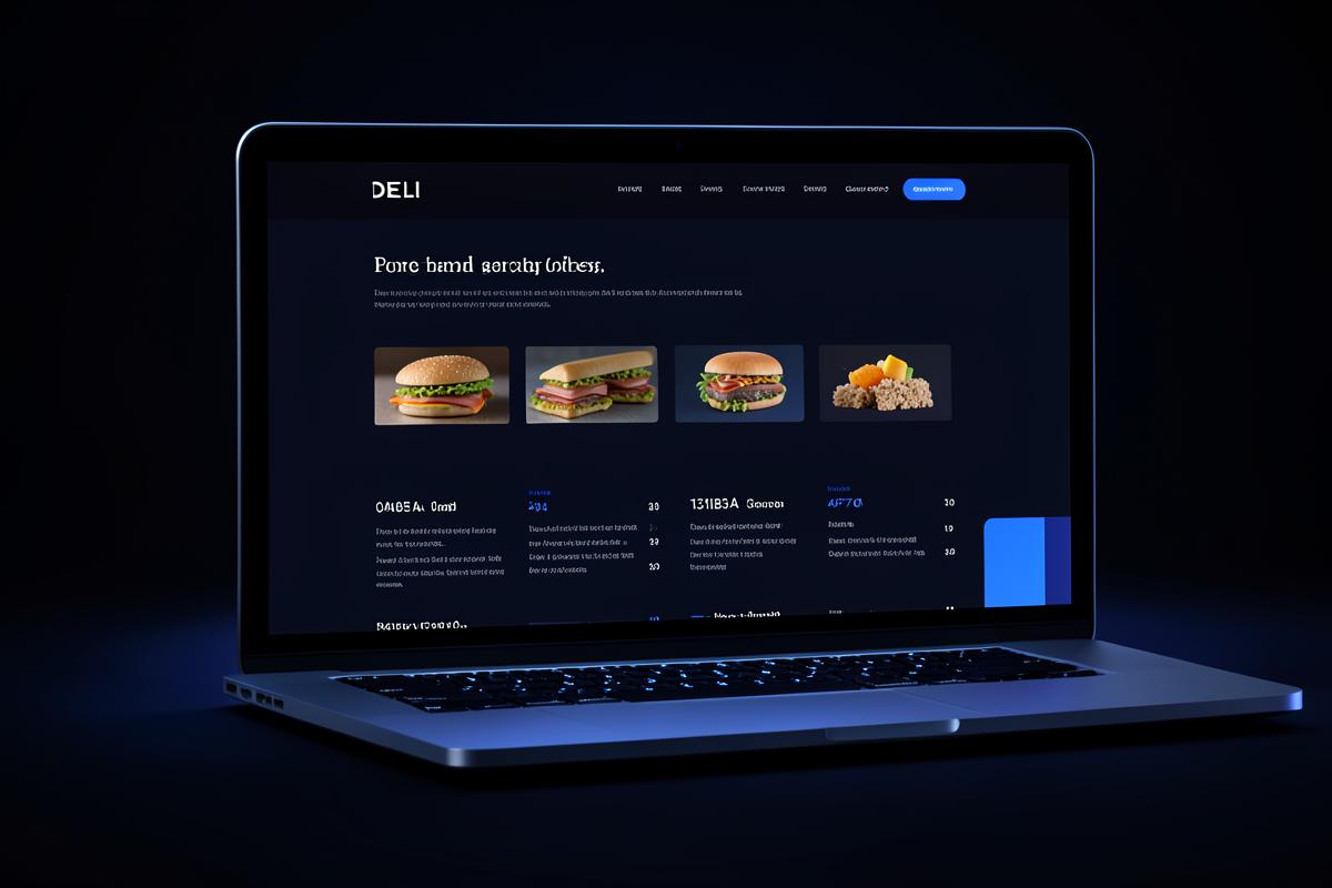 Dark, premium deli and sandwich shop website shown on a laptop